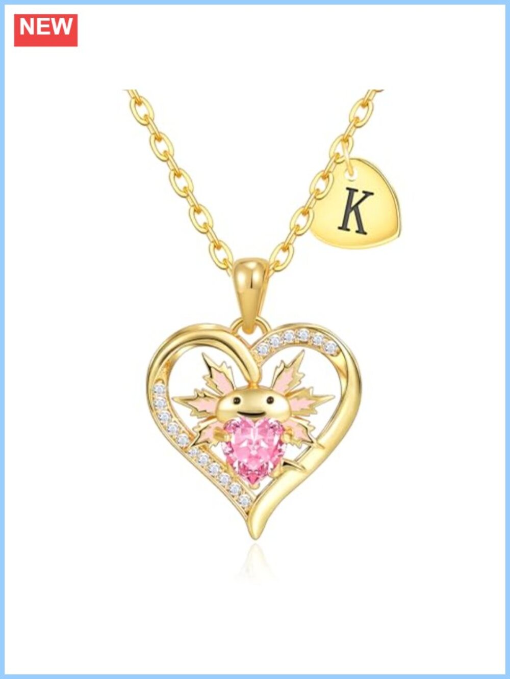 Axolotl Initial Pendant Necklace 14K Gold Plated Hypoallergenic CZ